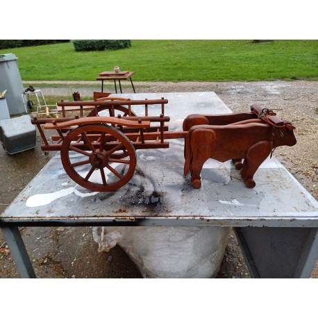 Jouet Ancien Bois Paire de Boeufs avec Charette à Foins