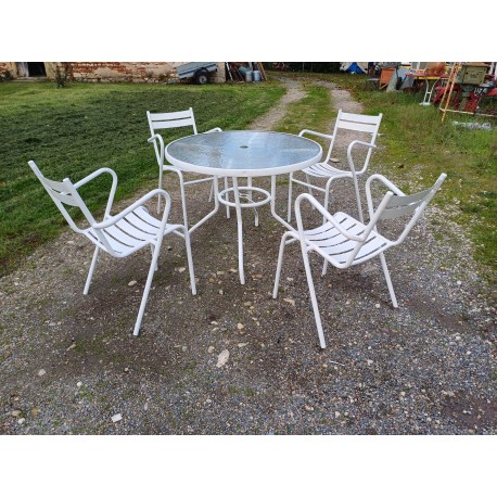 Salon de Jardin Table Fer et Verre et 4 Fauteuils Tolix T2 Xavier Pauchard